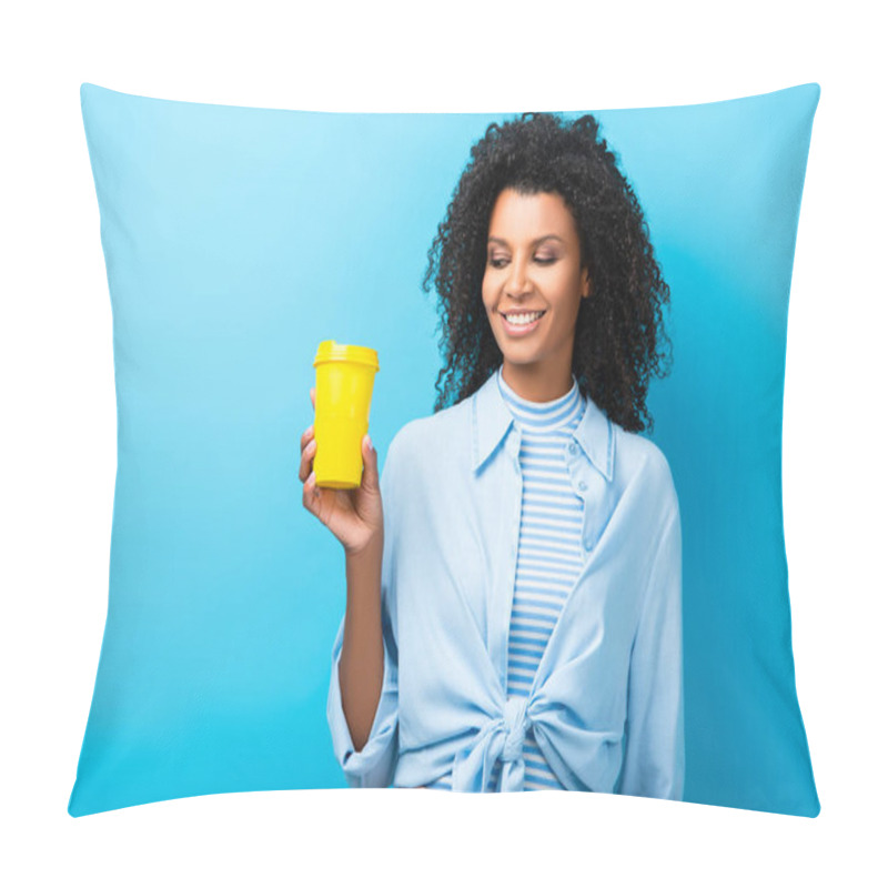 Personality  Happy African American Woman Holding Empty Reusable Mug On Blue Pillow Covers