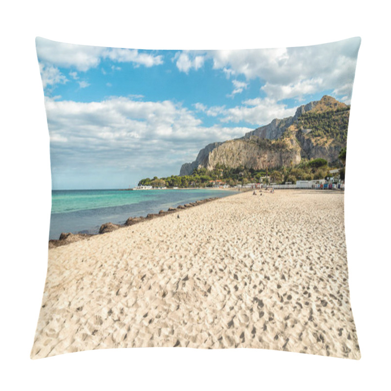 Personality  View Of Mondello Beach, Is A Small Seaside Resort Near Center Of City Palermo, Sicily, Italy Pillow Covers