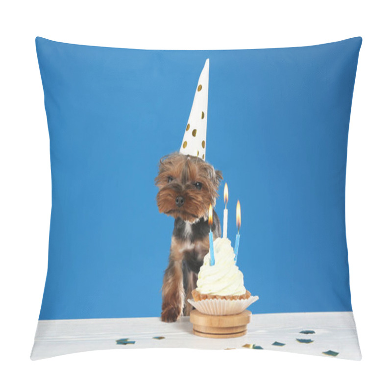 Personality  Cute Yorkshire Terrier Dog With Birthday Cupcake At Table Against Blue Background Pillow Covers