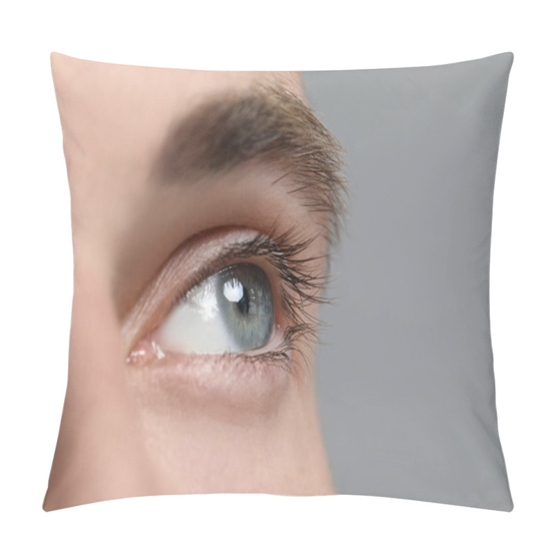 Personality  Closeup View Of Young Man With Beautiful Eyes On Grey Background Pillow Covers