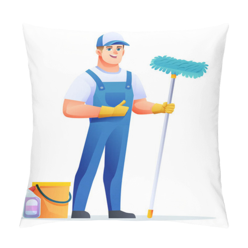 Personality  Cheerful Cleaning Man With Mop And Bucket. Male Janitor Cartoon Character Pillow Covers