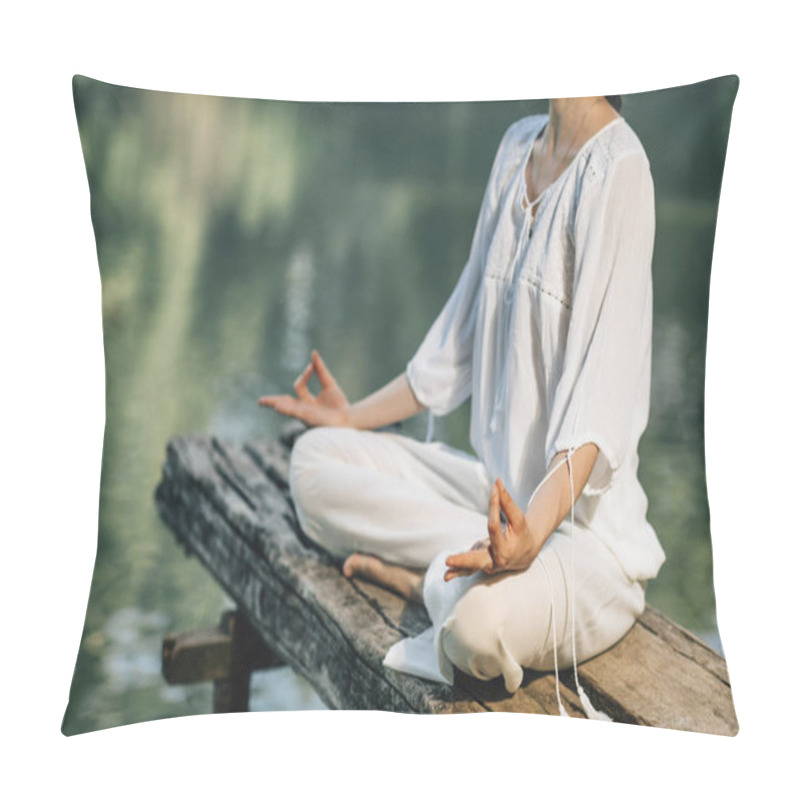 Personality  Yoga Retreat. Peaceful Young Woman Sitting In Lotus Position And Meditating By The Lake Pillow Covers