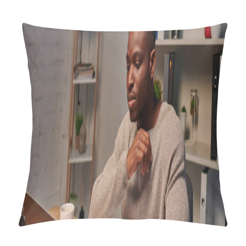 Personality  Young Concentrated African American Freelancer Working On Laptop In Evening At Home, Banner Pillow Covers