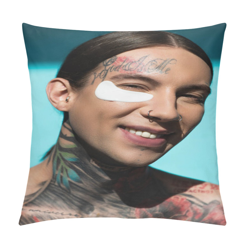 Personality  Tattooed Young Man With Eye Patch Smiling While Looking At Camera On Turquoise Pillow Covers