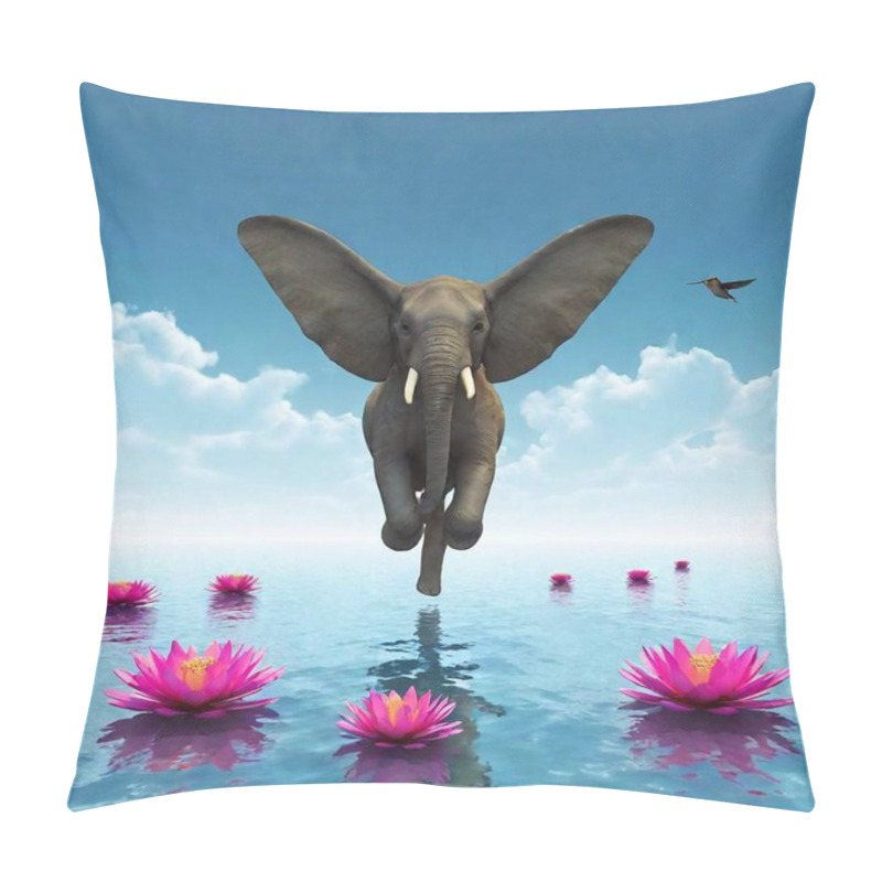 Personality  A Hybrid Creature With The Body Of An Elephant And The Wings Of A Hummingbird, Floating Weightlessly Through A Surreal Landscape Of Enormous, Glowing Flowers And Floating Islands. Pillow Covers