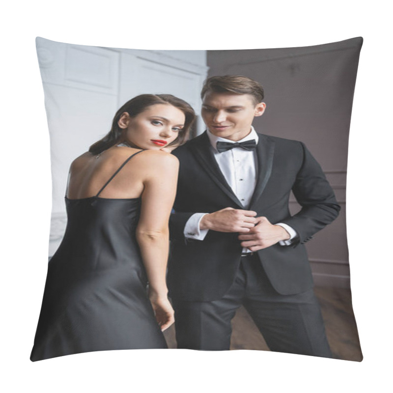 Personality  Brunette Woman In Silk Dress Looking At Camera Near Boyfriend In Suit At Home  Pillow Covers