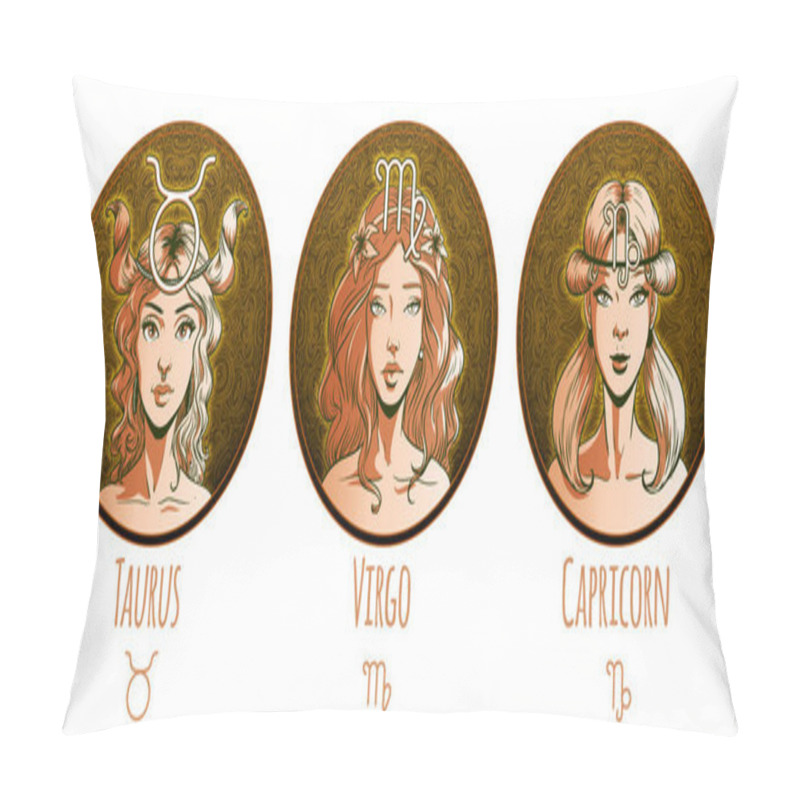 Personality  Earth Zodiac Set, Beautiful Girls, Taurus, Virgo, Capricorn, Hor Pillow Covers