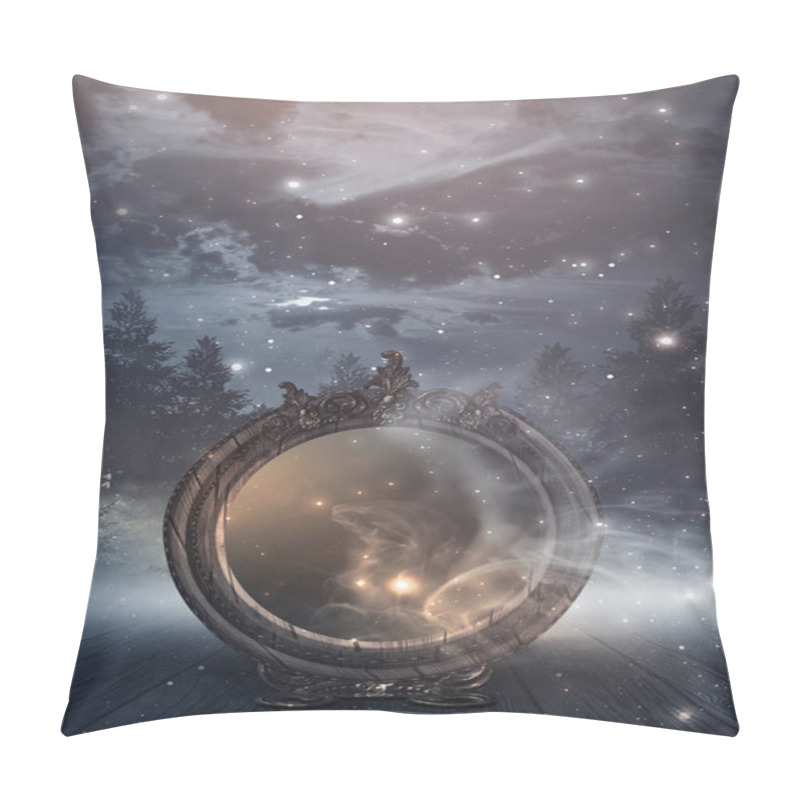 Personality  Dark Forest, Magic Mirror. Night View, Smoke, Smog, Neon Light, Moon. Dark Fantasy Mystical Landscape.  Pillow Covers