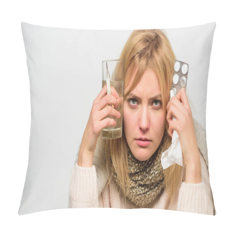 Personality  Woman Wear Warm Scarf Because Illness Or Flu. Girl Hold Glass Water Tablets And Thermometer Light Background Close Up. Get Rid Of Flu. Getting Fast Relief. Ways To Feel Better Fast. Flu Home Remedies Pillow Covers