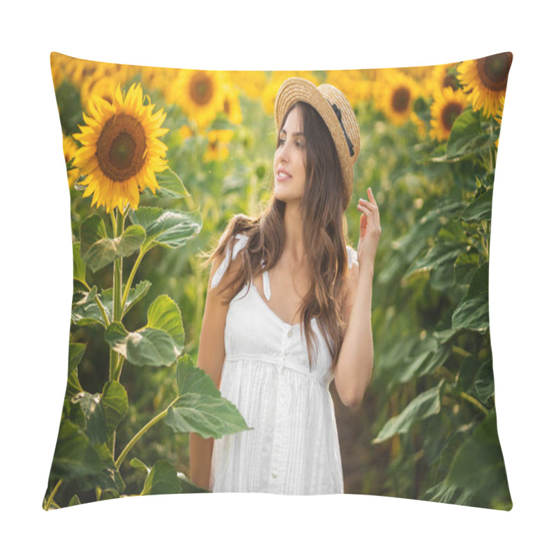 Personality  Beautiful Woman In White Dress On The Flowering Field Looking Away. Pillow Covers