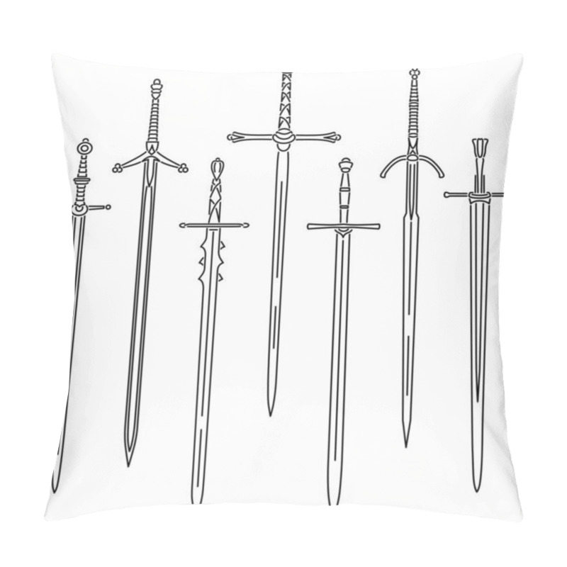 Personality  Set Of Simple Vector Images Of Medieval Two-handed Swords Drawn In Art Line Style. Pillow Covers