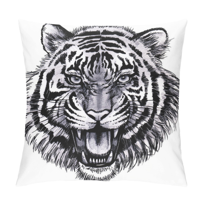 Personality  Illustration Of A Tiger's Face Barking With Its Mouth Open . A Realistic Illustration Of A Roaring Tiger's Face.  Pillow Covers