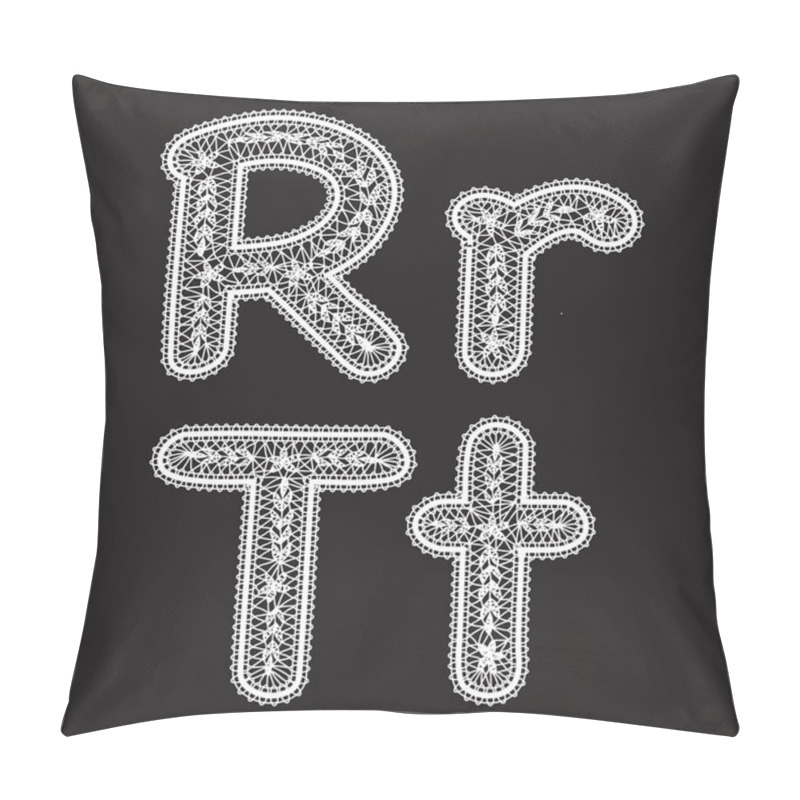 Personality  Uppercase And Lowercase Letters R And T Are Written By White Lace. Lace Type Font For The Inscriptions. Pillow Covers