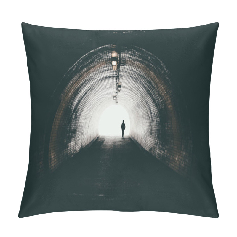 Personality  Lonely Silhouette In Dark Urban Tunnel Goes To The Light . Man Walking To The Light . Pillow Covers