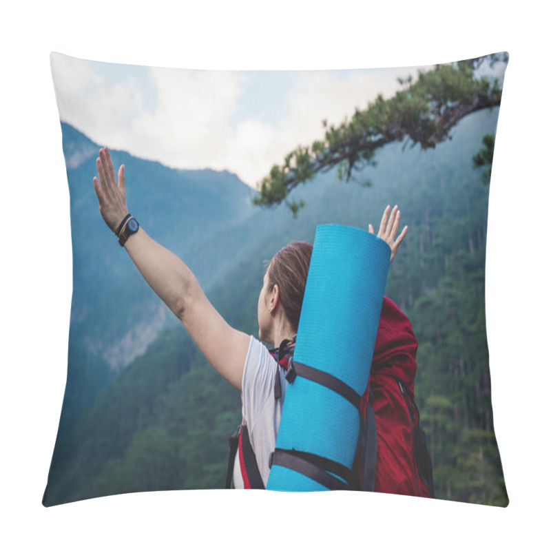 Personality  Caucasian Hiker Woman On Trek In Mountains With Backpack Living A Healthy Active Lifestyle. Hiker Girl On Nature Landscape Hike In Crimea. Pillow Covers