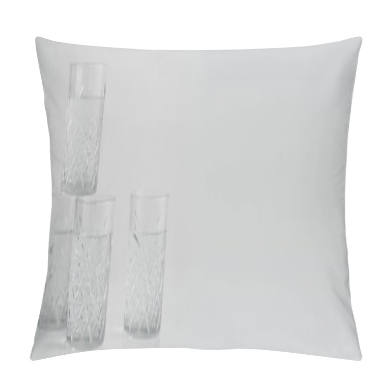 Personality  Faceted Glasses With Water On Grey Background With Copy Space, Banner Pillow Covers