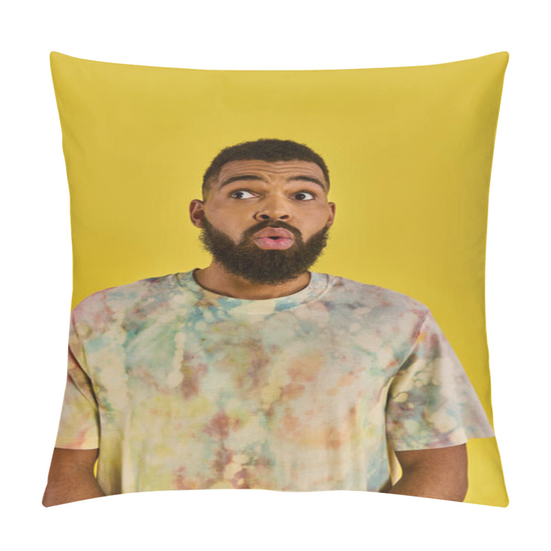 Personality  A Man With A Full Beard Looks Surprised As He Raises His Eyebrows And Opens His Mouth In An Expression Of Shock. Pillow Covers