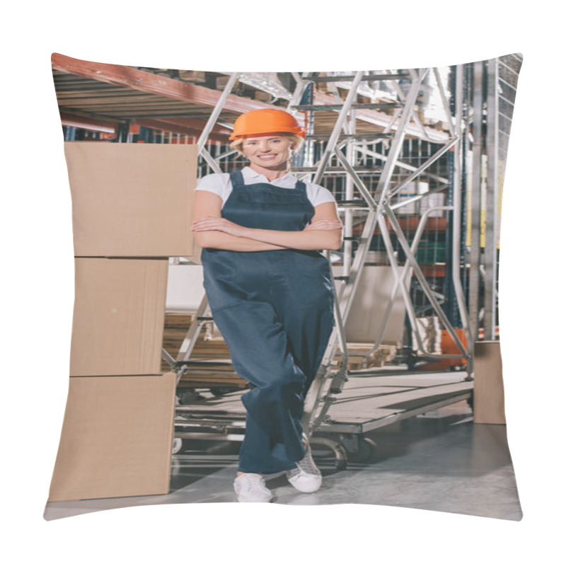 Personality  Smiling Workwoman Looking At Camera While Standing Near Cardboard Boxes With Crossed Arms Pillow Covers