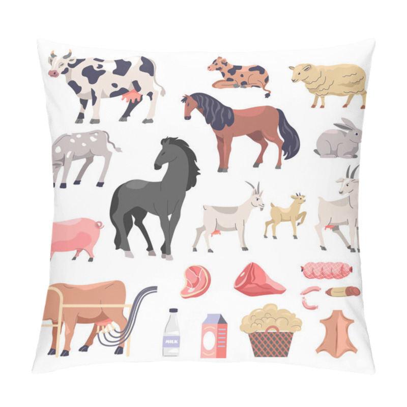 Personality  Farm Animals And Agriculture, Isolated Cattle Cows And Horses, Pigs And Sheep, Bunnies And Goats. Production Of Milk, Pork Meat And Sausage, Wood, And Dairy Ingredients. Vector In Flat Style Pillow Covers