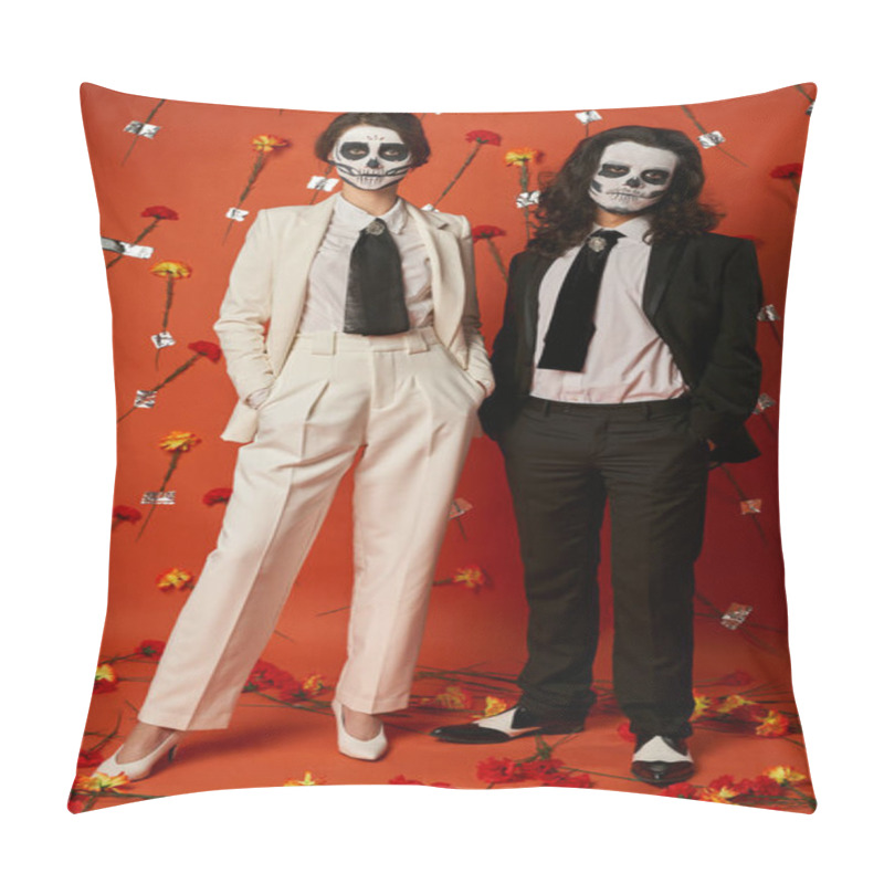 Personality  Couple In Sugar Skull Makeup And Trendy Outfit Posing With Hands In Pockets Of Red Floral Backdrop Pillow Covers