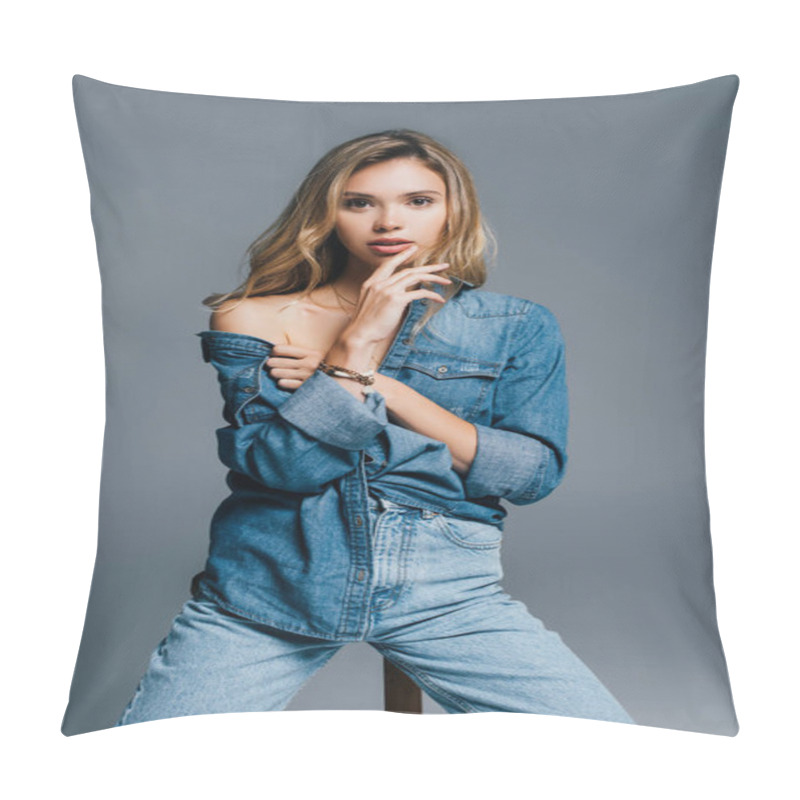 Personality  Sexy Young Woman In Denim Shirt Touching Lips While Posing With Naked Shoulder Isolated On Grey Pillow Covers