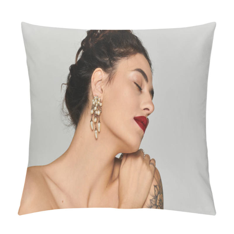 Personality  A Young Beautiful Woman Showcases Her Style With Striking Earrings While Posing Elegantly. Pillow Covers