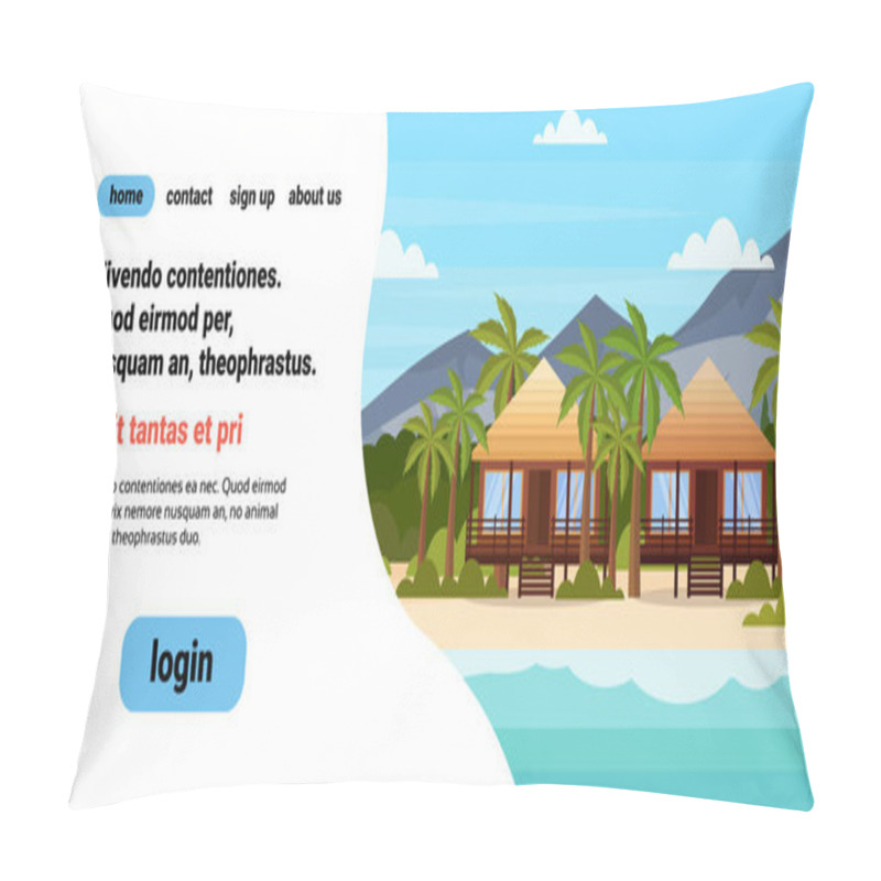 Personality  Tropical Island With Villa Bungalow Hotel On Beach Seaside Mountain Green Palms Landscape Summer Vacation Concept Flat Horizontal Copy Space Pillow Covers