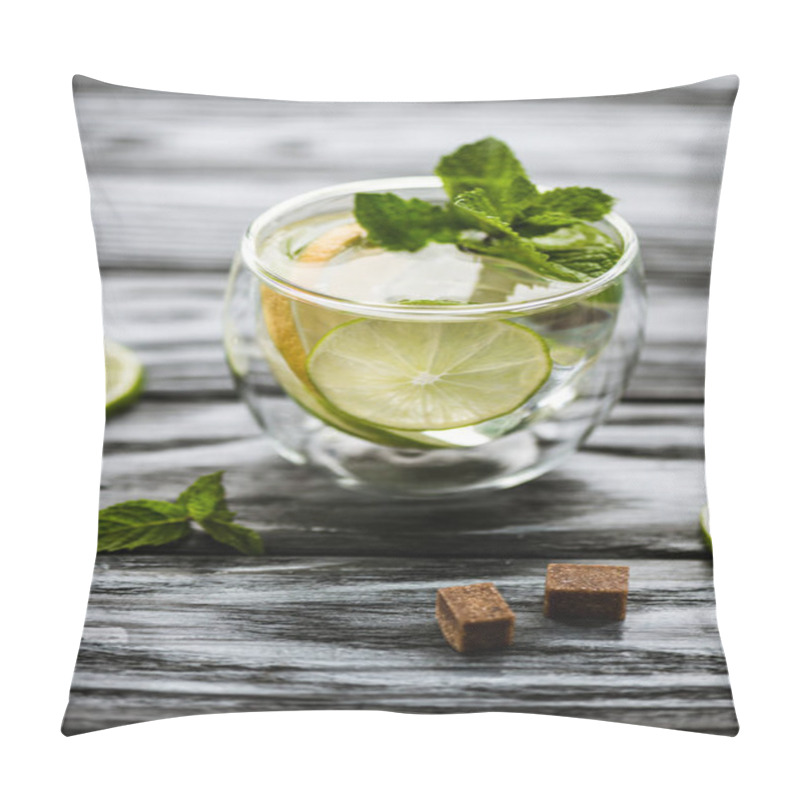 Personality  High Angle View Of Glass With Fresh Cold Mojito Cocktail On Wooden Table      Pillow Covers