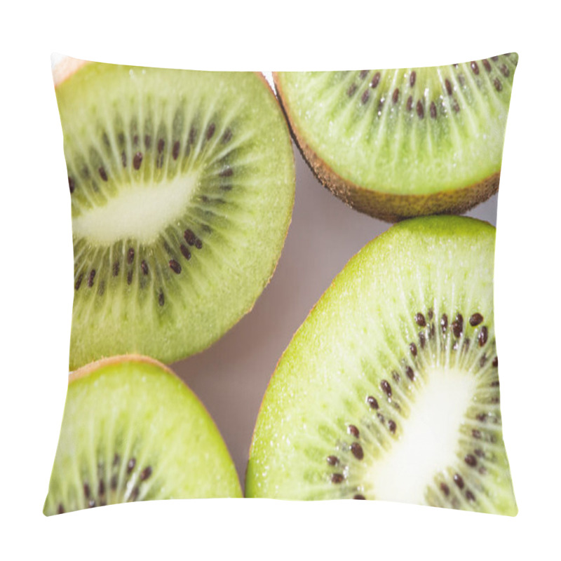 Personality  Top View Of Green And Ripe Kiwifruit Halves On White  Pillow Covers