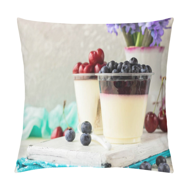 Personality  Italian Pana Cota With Berry Jam And Fresh Blueberries On A Light Background Pillow Covers