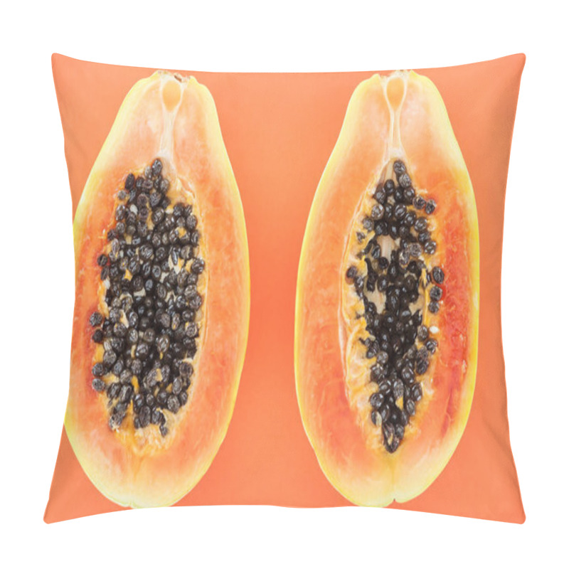 Personality  Top View Of Ripe Exotic Papaya Halves With Black Seeds Isolated On Orange Pillow Covers