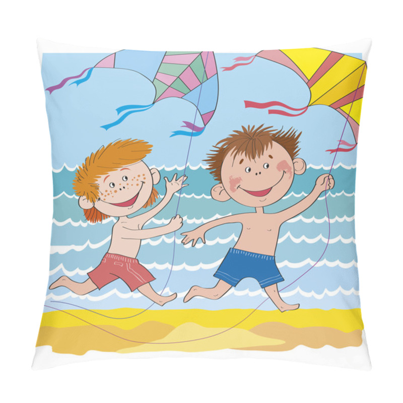 Personality  Children & Kite.Cheerful Children-boys On Beach-illustration Pillow Covers