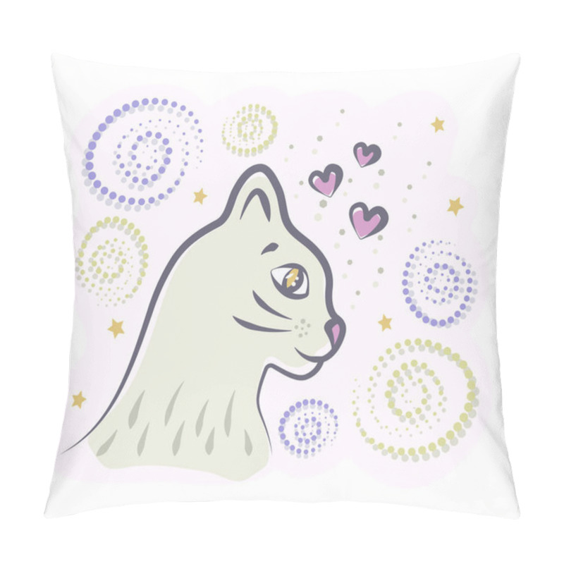 Personality  Cute Magical Cat In Profile, Swirls, Spirals, Hearts And Stars In The Sky On A Background, Light Colorful Vector Illustration, Post-impressionist Art Inspired By Swirling Strokes And Color Contrasts Pillow Covers