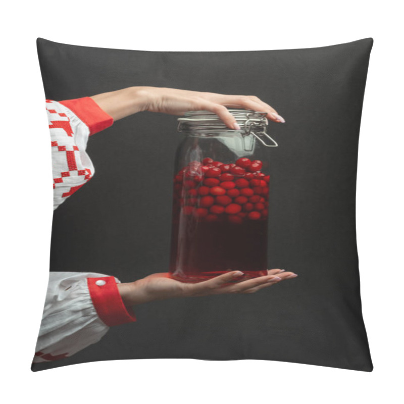 Personality  Woman In Ukrainian Traditional Vishivanka Dress Holding Traditional Infused Cranberries Spirit - Nalyvka Pillow Covers