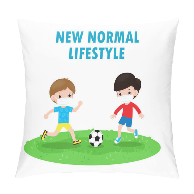 Personality  Two Little Boy Wearing Face Mask Playing Soccer On New Normal Lifestyle Concept.children Playing Football And Wearing Surgical Protect Coronavirus 2019-nCoV Or Covid-19  Health Care Isolated Backgroud Pillow Covers