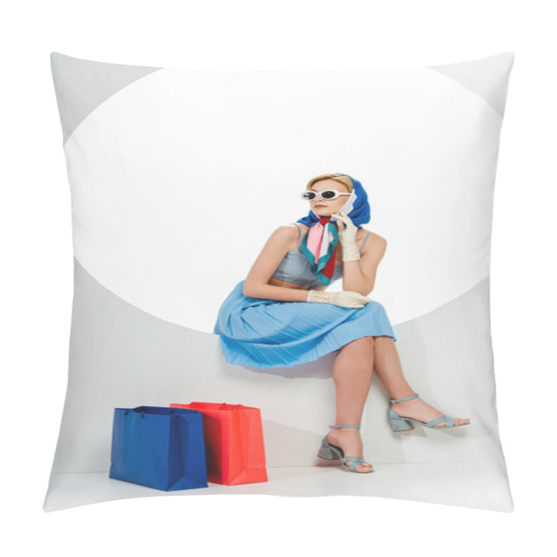 Personality  Fashionable Girl In Sunglasses And Headscarf Sitting In Circle Near Shopping Bags On White Background  Pillow Covers