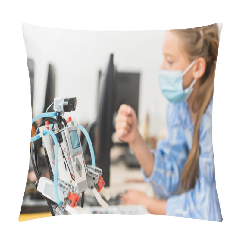 Personality  Selective Focus Of Robot On Table Near Schoolgirl In Medical Mask In Classroom  Pillow Covers