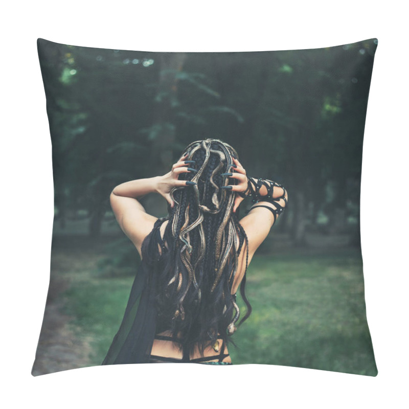 Personality  Image Of Gorgon Medusa, Braid Hair And Golden Snakes, Close-up Portrait From The Back Without A Face. A Woman Shows Hands With Long, Black Nails. Mystical Photosession In The Forest. Pillow Covers