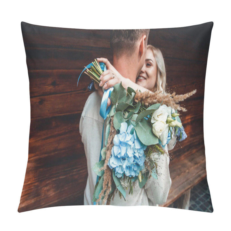 Personality  Amazing Wedding Couple In An Embroidereds Shirt With A Bunch Of Flowers On The Background Of A Wooden House Pillow Covers