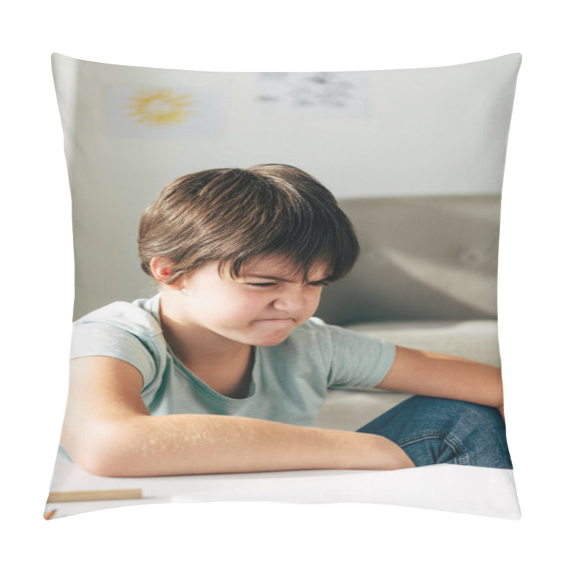 Personality  Irritated Kid With Dyslexia Sitting At Table And Looking Away  Pillow Covers