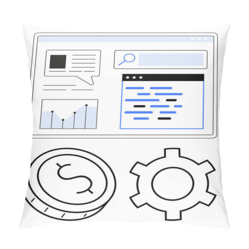 Personality  Dashboard Displaying Chat Bubble, Graph, And Code Window. Includes Dollar Coin And Gear Icon. Ideal For Financial Analysis, Web, V11 Development, Optimization, Data Management, Business Strategy Tech Pillow Covers