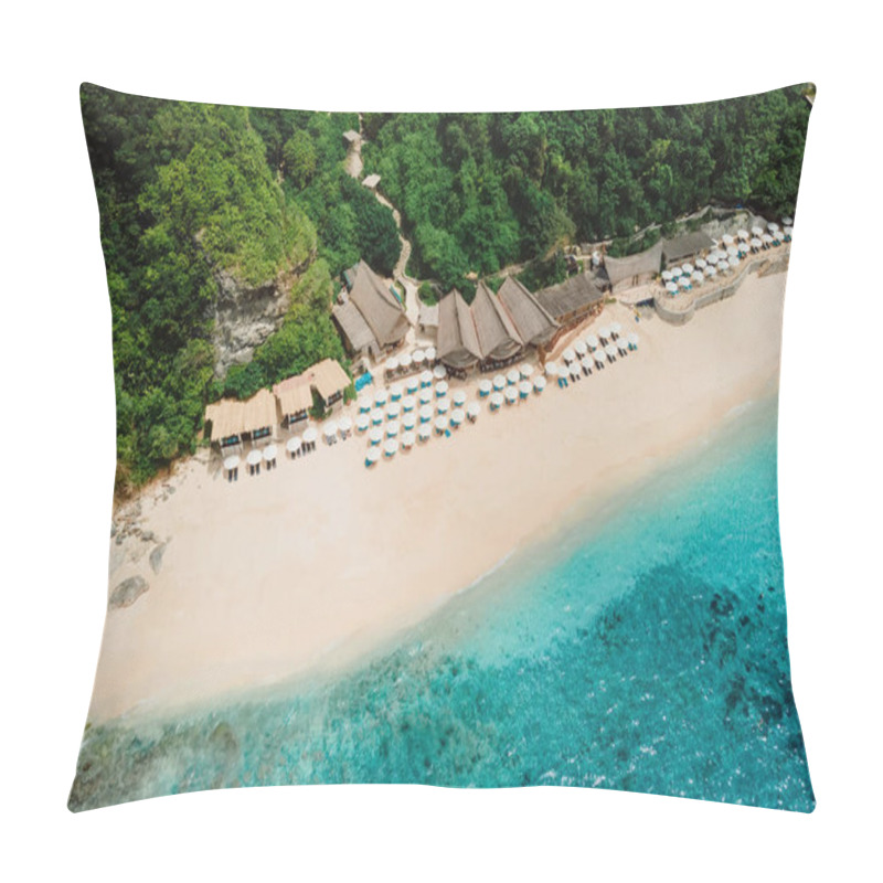 Personality  Aerial View Of Blue Ocean And Luxury Beach Resort With Umbrellas In Bali Pillow Covers