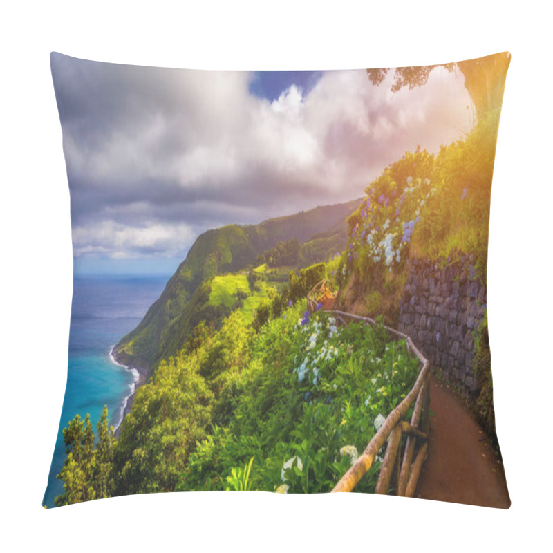 Personality  Viewpoint Ponta Do Sossego, Sao Miguel Island, Azores, Portugal. View Of Flowers On A Mountain And The Ocean In Miradouro Da Ponta Do Sossego Nordeste, Sao Miguel, Azores, Portugal.  Pillow Covers