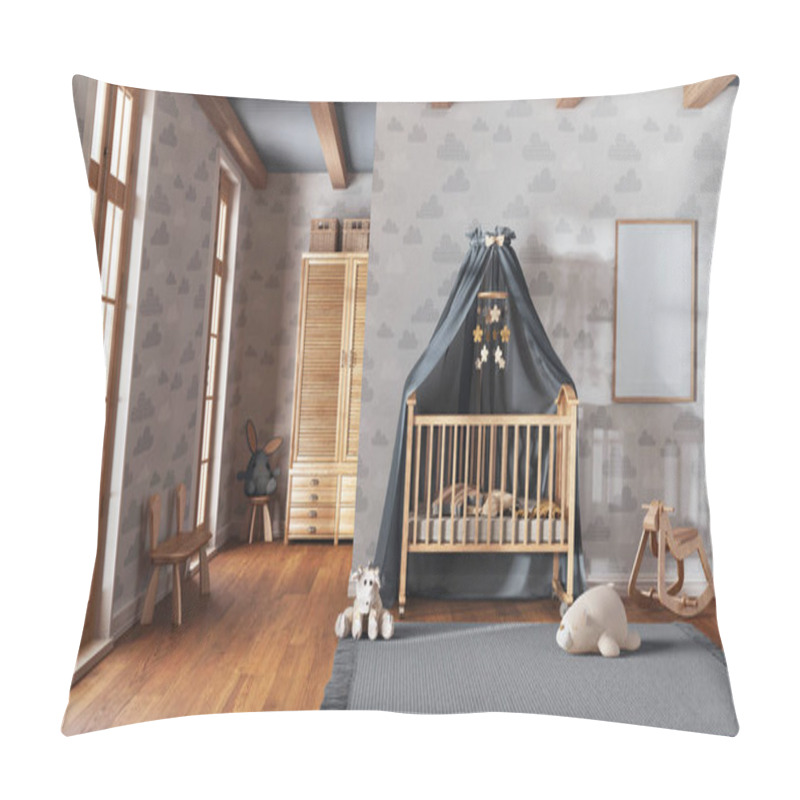 Personality  Wooden Nursery With Wallpaper In Gray And Beige Tones With Frame Mockup. Canopy Crib, Carpet And Toys. Vintage Interior Design Pillow Covers