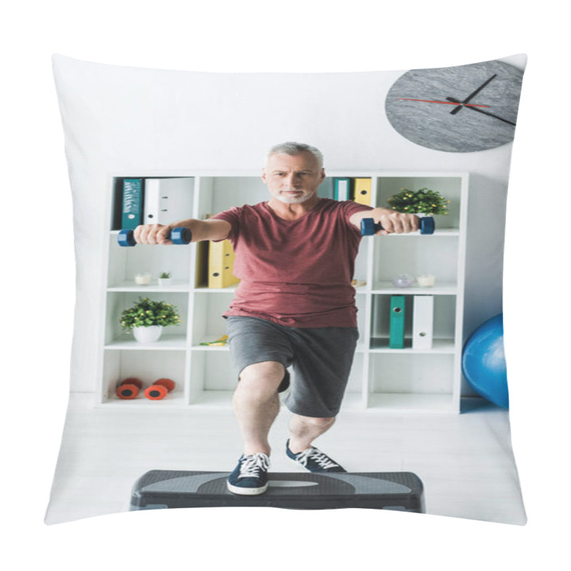 Personality  Bearded Middle Aged Man Exercising With Dumbbells On Step Platform In Clinic   Pillow Covers