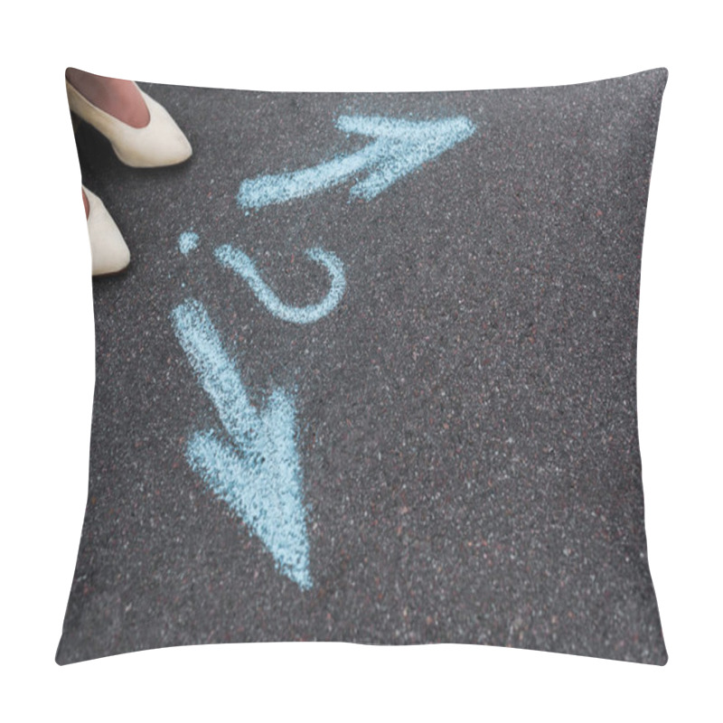 Personality  Cropped View Of Woman Standing Near Directional Arrows And Question Mark On Asphalt  Pillow Covers