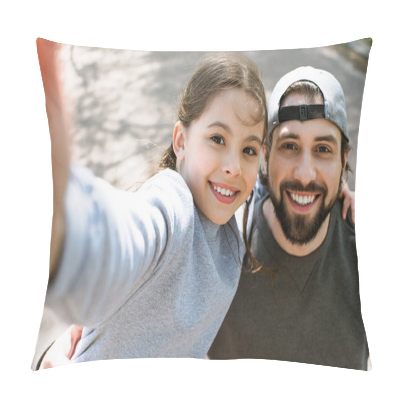 Personality  Daughter Taking Selfie Smiling Father In Park Pillow Covers