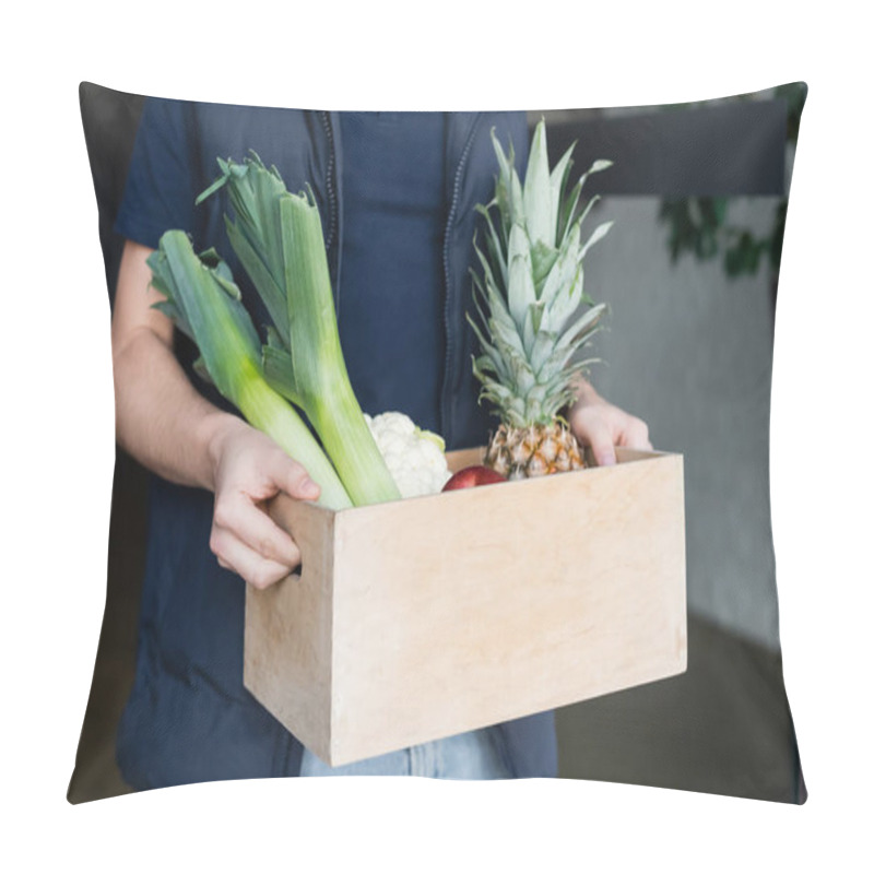 Personality  Cropped View Of Courier Holding Wooden Box With Fresh Food In Hallway  Pillow Covers