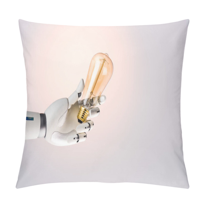 Personality  Robot Hand Holding Yellow Lamp Isolated On Beige Pillow Covers