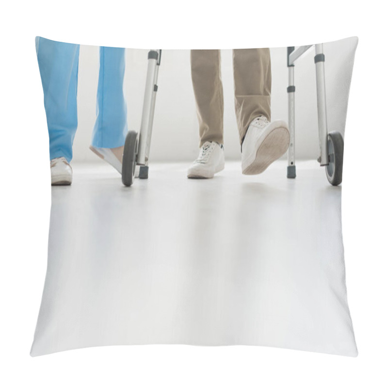 Personality  Cropped View Of Doctor And Senior Man Walking On Floor With Copy Space Pillow Covers